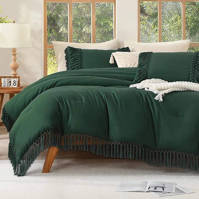 Environmentally Friendly Andency Full Size Comforter Set Emerald Green Dark Green Boho Tassel Lightweight Vintage Soft Bedding Comforter Sets 3 Pieces All Season Fluffy Fringe Bed Set 79x90In Comforter amp 2 Pillowcases Verified