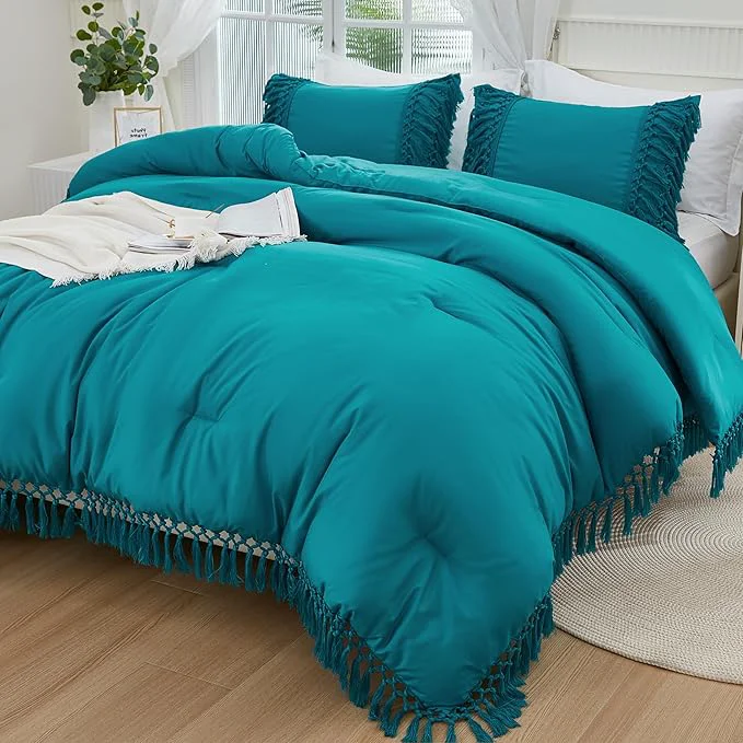 Consistent Andency Turquoise Full Size Comforter Set 3 Pieces Boho Tassel Lightweight Soft Bedding Comforter Sets All Season Fluffy Fringe Bed Set 79x90In Comforter amp 2 Pillowcases High-Grade