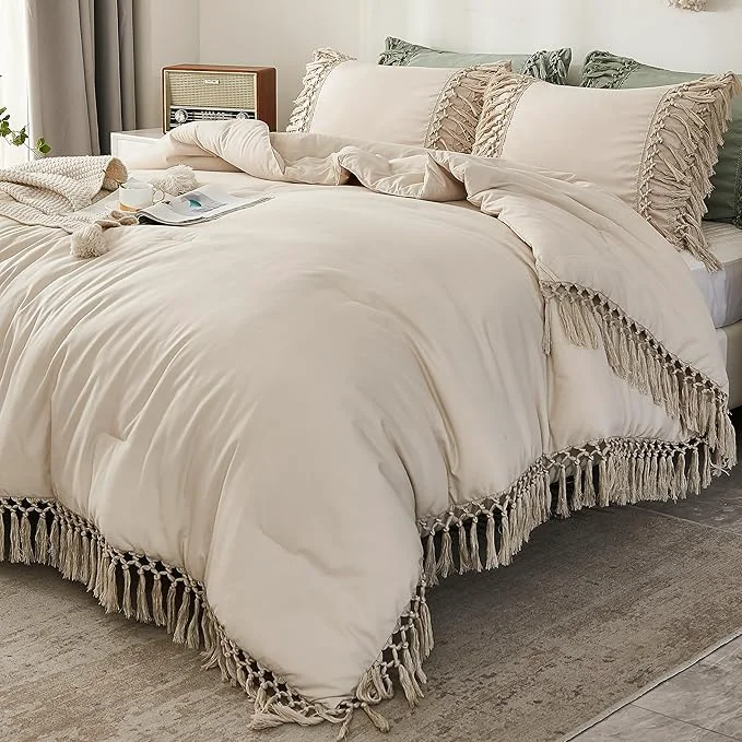 Unique Andency Comforter Queen Size Set Beige 3 Pieces Tassel Boho Lightweight Winter Bedding Comforters amp Sets All Season Bed Set 90x90In Comforter amp 2 Pillowcases Next-Generation