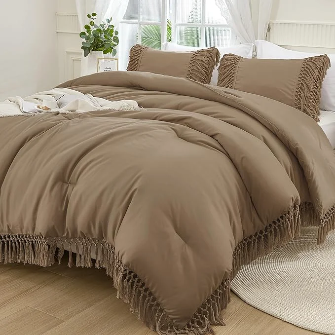 Specialty Andency Taupe Full Size Comforter Set 3 Pieces Boho Tassel Lightweight Soft Bedding Comforter Sets All Season Fluffy Fringe Bed Set 79x90In Comforter amp 2 Pillowcases First-Class