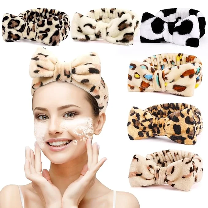 Pure 6 Pack Spa Headband for Women Skincare Makeup Headband Soft Coral Fleece Bow Relaxed