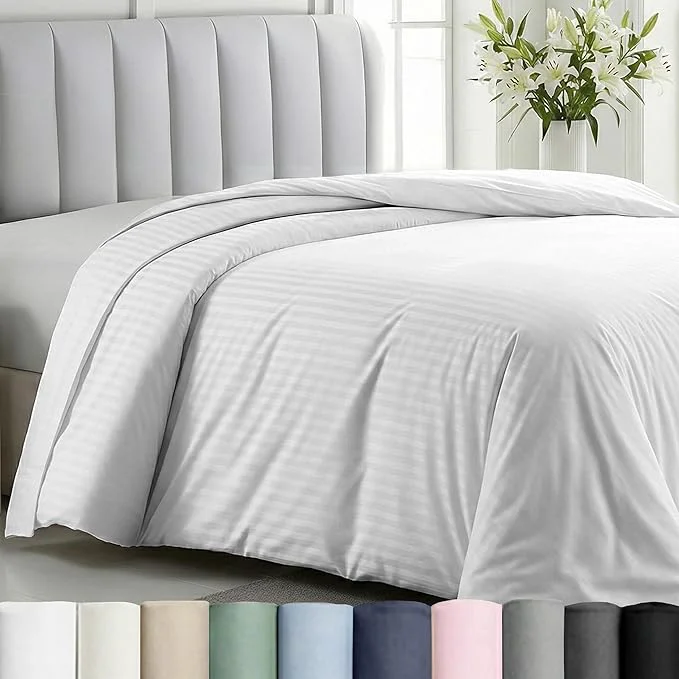 Sophisticated California Design Den Striped White Duvet Cover King Size Only – Premium 400 Thread Count Cotton Sateen Button Closure amp Corner Ties – White Long-Lasting