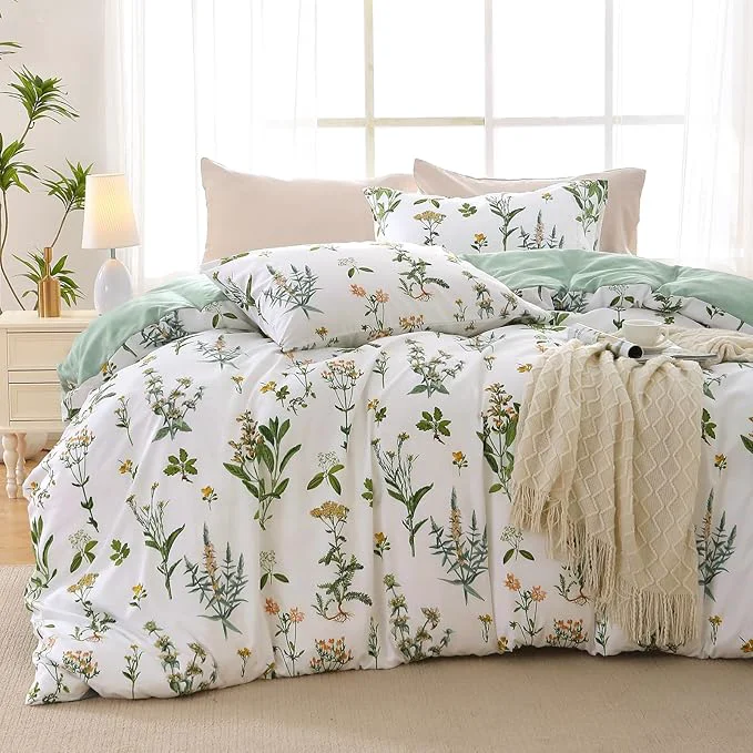 Elegant MUXHOMO Duvet Cover Full Size Reversible Floral Green Duvet Cover Set with Zipper Closure 3 Pieces Botanical Patterns Soft Microfiber Bedding Set with 4 Ties 80 quot x90 quot 2 Pillow Cases Responsible