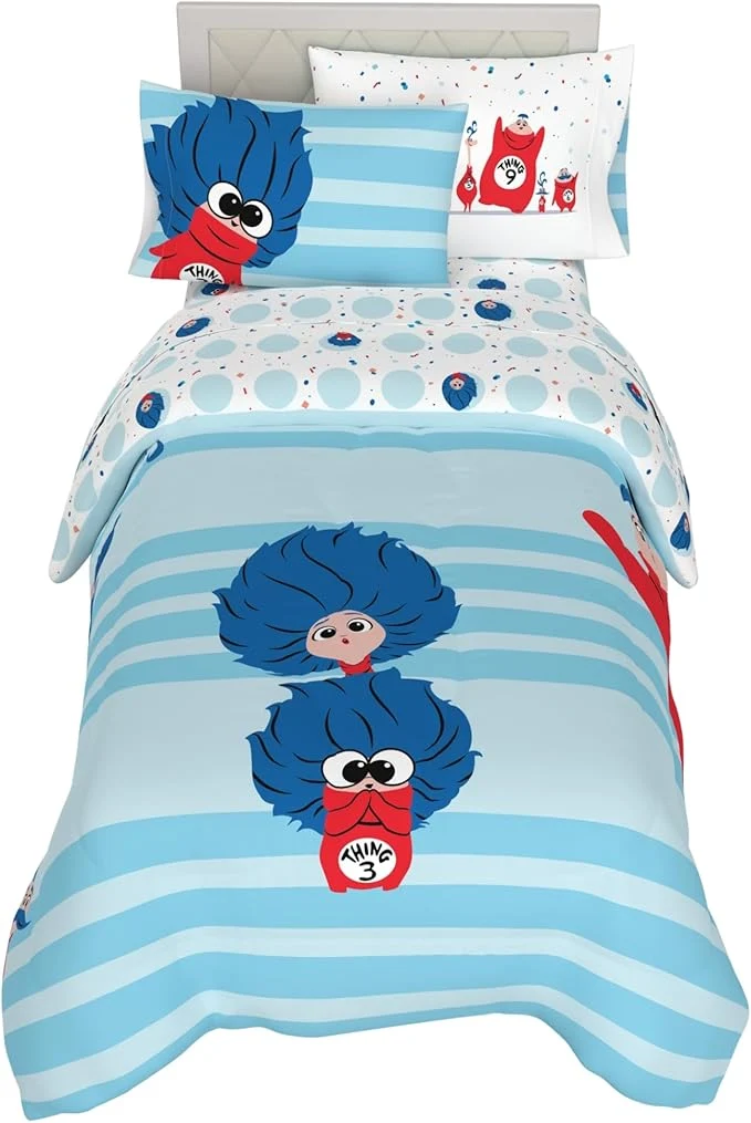 Consistent Dr Seuss The Cat in The Hat Movie Bedding Set Twin Size 4 Piece Kids Super Soft Cozy Reversible Comforter and Sheet Set Thing 1 Thing 2 Thing 3 ly Licensed Product By Franco Durable Reversible ly Licensed Relaxed
