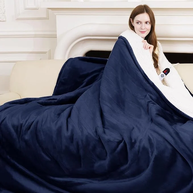 Genuine Full Size Heated Blanket 72 quot x 84 quot – Fluffy Ultra Soft Flannel Heated Lap Blanket with 6 Heating Levels amp 10 Hours Adjustable Timer Fast Heating and Electric Blanket for Office Navy Long-Lasting