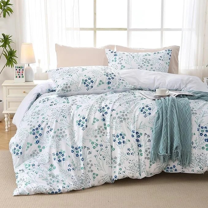 Lightweight MUXHOMO Duvet Cover Queen Size Reversible Floral Vintage Duvet Cover Set with Zipper Closure 3 Pieces Botanical Patterns Soft Microfiber Bedding Set 90 quot x90 quot 2 Pillow Cases Small Blue Flower Flexible