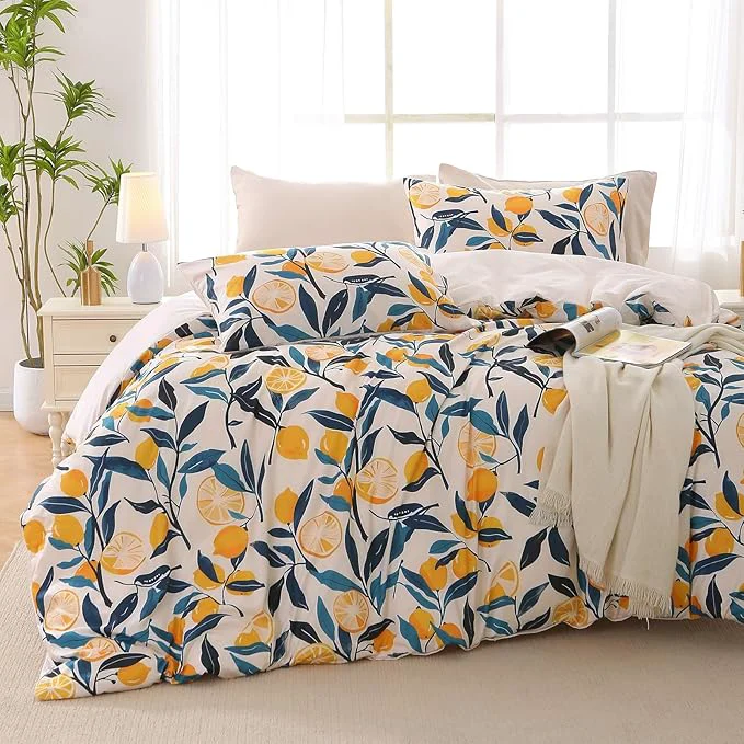 Responsible Duvet Cover King Size Reversible Floral Vintage Duvet Cover Set with Zipper Closure 3 Pieces Botanical Patterns Soft Microfiber Bedding Set 90 quot x104 quot 2 Pillow Cases 20 quot ×36 quot Lemon Flower Green Minimalist
