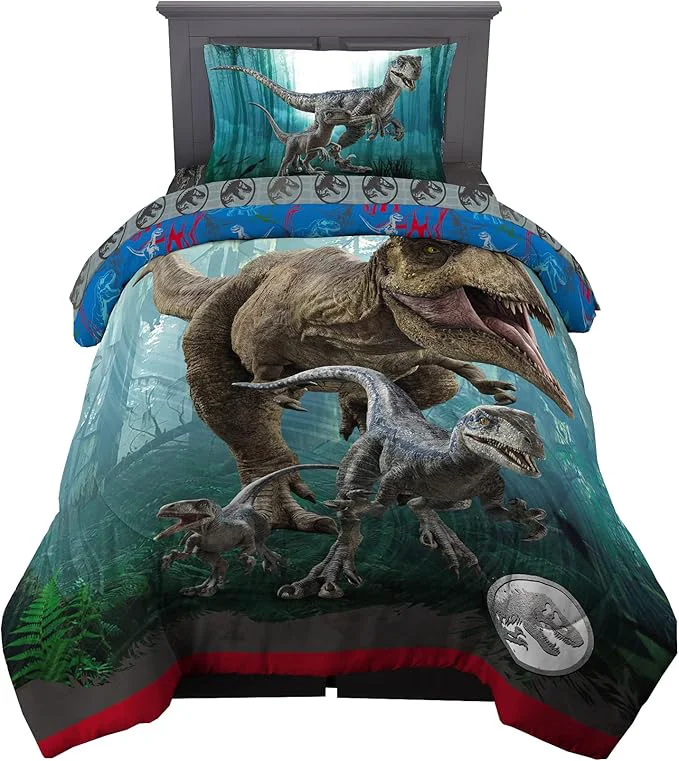 Lightweight Jurassic World Dominion Blue Velociraptor and Rexy T-Rex Super Soft Microfiber Reversible Comforter Twin Size Bedding by Franco Kids Eco-Friendly