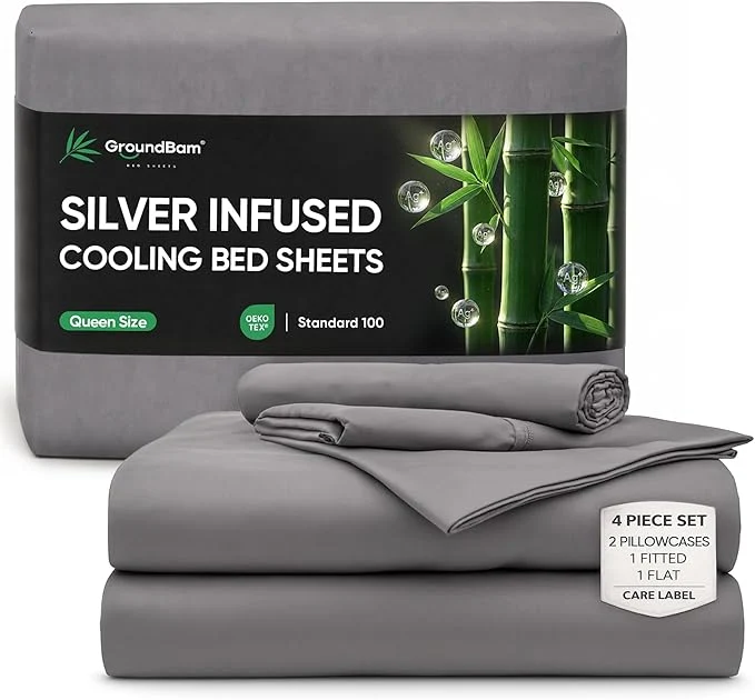 Recyclable Silver Infused Bed Sheets Set Temperature-Regulating Fabric with Self-Cleaning Technology for 3X Freshness Sleep Grey Queen Detailed