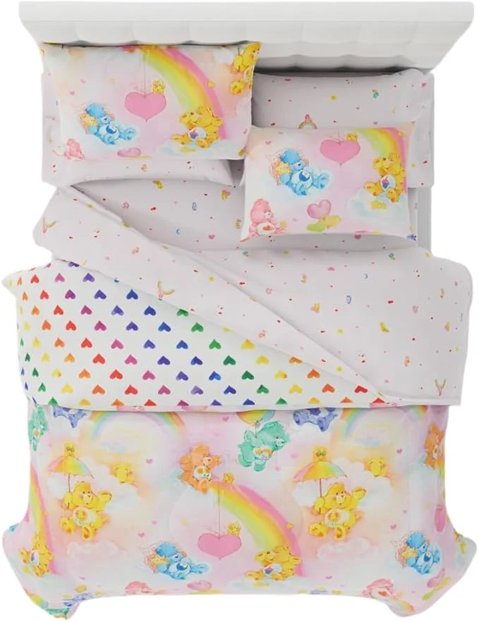 Expertly Made Care Bears Classic Retro Rainbow Bedding 7 Piece Super Soft Comforter and Sheet Set with Sham Full Licensed Product By Franco Collectibles Crafted