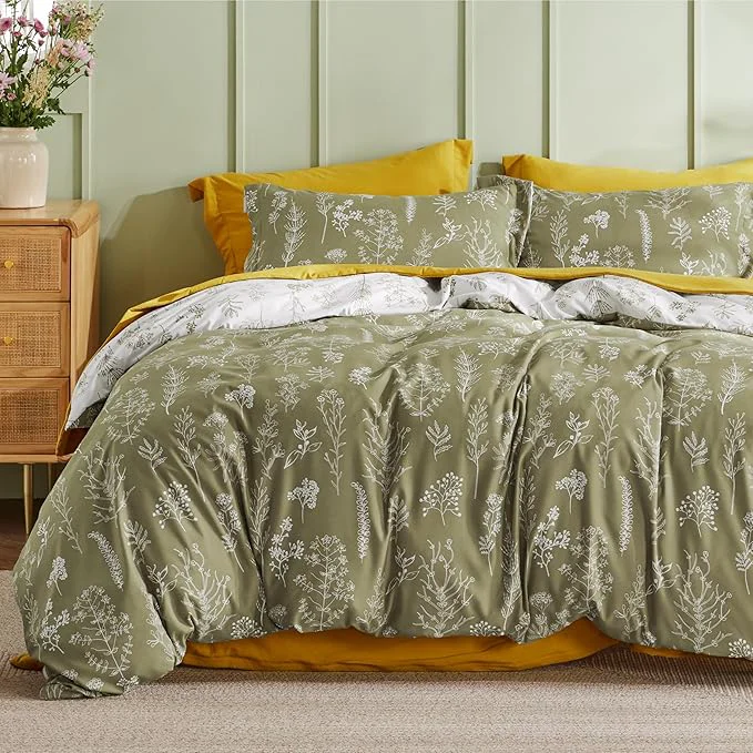 Contemporary Bedsure Twin Twin XL Duvet Cover – Reversible Olive Green Duvet Cover Set with Zipper Closure 2 Pieces Cute Floral Patterned Bedding Set with 8 Corner Ties and 1 Pillow Sham Original Design