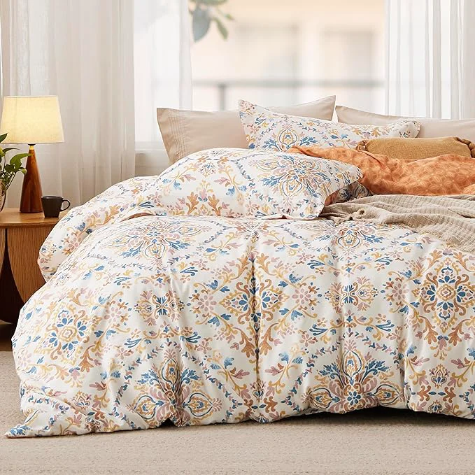 Elegant Bedsure Duvet Cover King Size – Reversible Floral Duvet Cover Set with Zipper Closure 3 Pieces Bohemian Orange Bedding Set with 8 Corner Ties and 2 Pillow Shams 20 quot x36 quot Solid