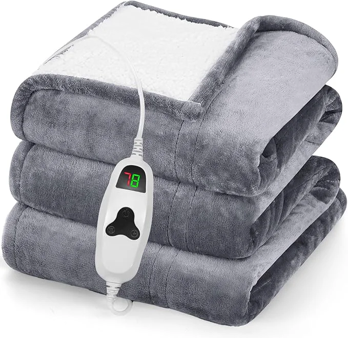 Proven greenoak Heated Blanket Electric Throw 50 quot X60 quot Heating Blanket with 10 Heat Levels 1 2 4 6 8 Hours Auto-Off Fleece Soft Sherpa Blanket Gifts for Grandma Mom Seniors Misty Grey Specialty