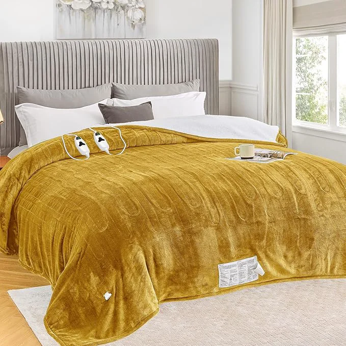 Recyclable greenoak Heated Blanket Electric Queen Size 84 quot X90 quot Dual Control Heating Blankets with 10 Levels 8 Hours Auto-Off Soft Flannel House Warming Gifts for Grandma Seniors Mom Brownish Yellow Enhanced