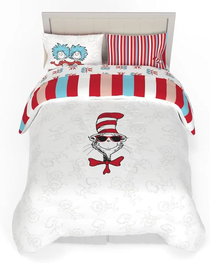Classic Dr. Seuss Cat in The Hat Kids Bedding 7 Piece Full Bed Set Soft Cozy Reversible Comforter and Sheet Set with Sham ly Licensed Product by Franco Casual