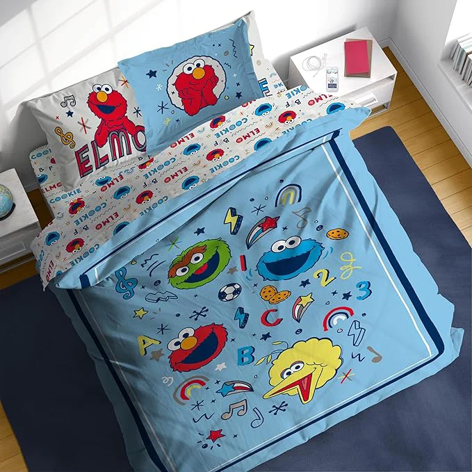 Contemporary Sesame Street Full Comforter Set – 7 Piece Kids Bedding Includes Comforter Sheets amp Pillow Cover – Super Soft Microfiber Bed Set with Elmo Cookie Monster and Big Bird Natural