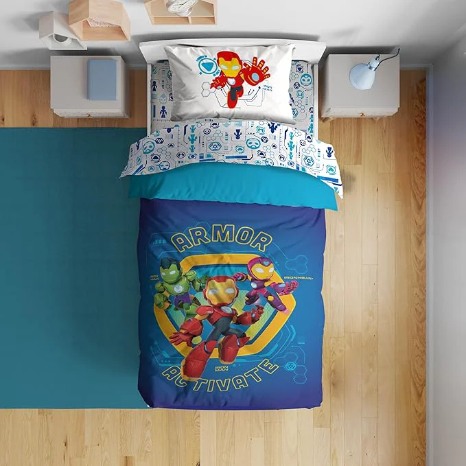 Selected Sunny Side Up Kids Comforter Set Includes Sheets and Pillow Covers – Soft and Cozy Bed Set for Stylish Room Decor Blue – Iron Man and His Friends 4 Piece Toddler Bed Frame Size Bedding Fine Crafted