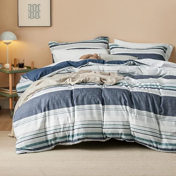 Minimalist Bedsure Duvet Cover Queen Size – Reversible Striped Duvet Cover Set with Zipper Closure 3 Pieces Blue Bedding Set with 8 Corner Ties and 2 Pillow Shams 20 quot x26 quot Easy-to-Use