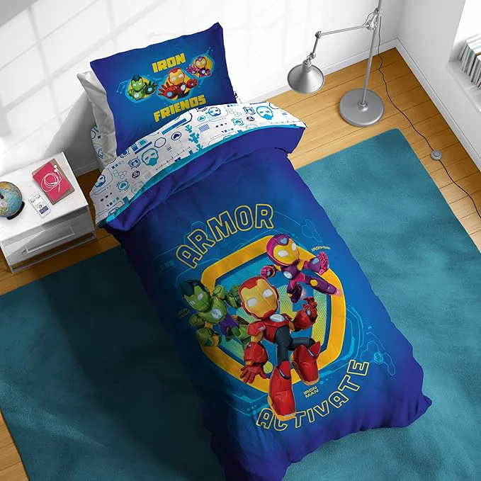Minimalist Sunny Side Up Kids Comforter Set Includes Sheets and Pillow Covers – Soft and Cozy Bed Set for Stylish Room Decor Blue – Iron Man and His Friends 5 Piece Twin Size Bedding Effective