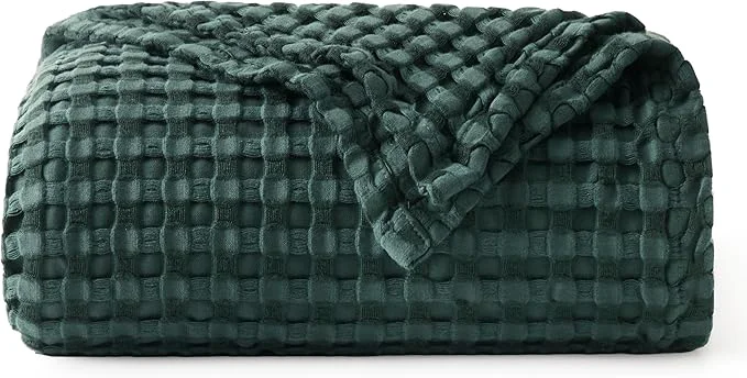 Versatile Bedsure Cooling Cotton Waffle Weave Throw Blanket – Lightweight Breathable Blanket of Rayon Derived from Bamboo for Hot Sleepers Luxury Throws for Bed Couch and Sofa Dark Green 50×70 Inches Pure