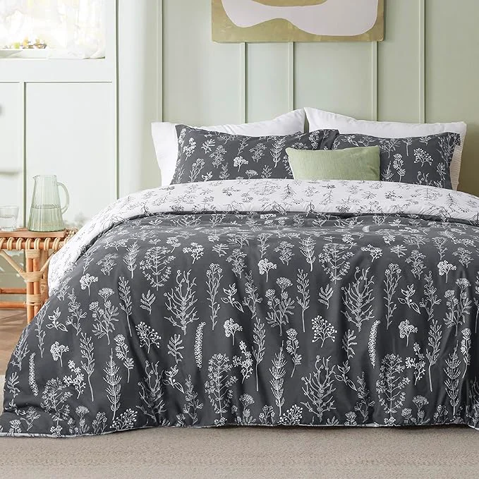 Flexible Bedsure Duvet Cover King Size – Reversible Dark Grey King Duvet Cover Set with Zipper Closure 3 Pieces Floral Patterned Bedding Set with 8 Corner Ties and 2 Pillow Shams Optimized