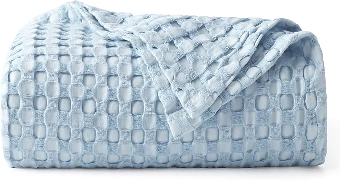Soft Bedsure Cooling Cotton Waffle Weave Throw Blanket – Lightweight Breathable Blanket of Rayon Derived from Bamboo for Hot Sleepers Luxury Throws for Bed Couch and Sofa Light Blue 50×70 Inches Professional