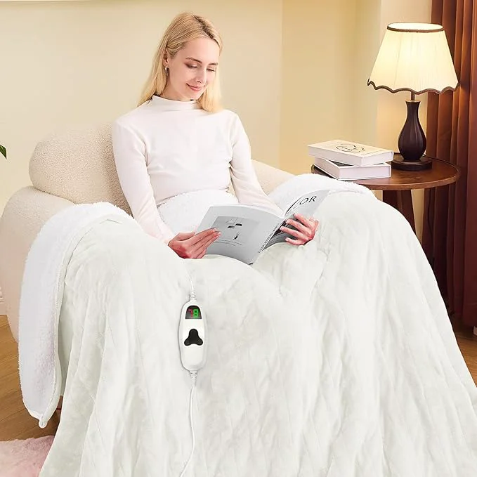 Elite greenoak Heated Blanket Electric Full 72 quot X84 quot Heating Blankets with 10 Heat Levels 8 Hours Auto-Off Soft Flannel Sherpa Fluffy House Warming Gifts for Grandma Seniors Mom Pure White Comfortable
