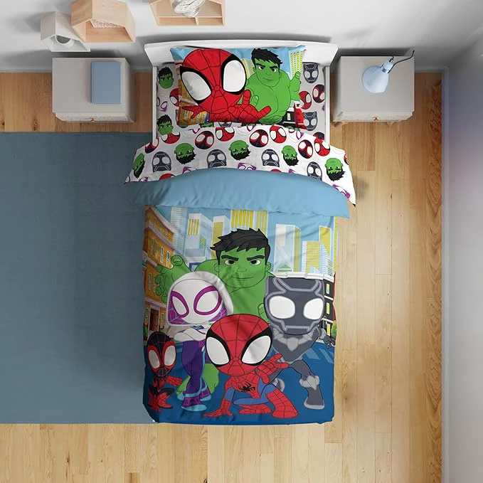 Specialty Sunny Side Up Marvel Spidey amp His Friends Toddler Comforter Set – 4 Piece Preschool Bedding Includes Comforter Sheets amp Pillow Cover – Super Soft Superheroes Microfiber Bed Set Elite