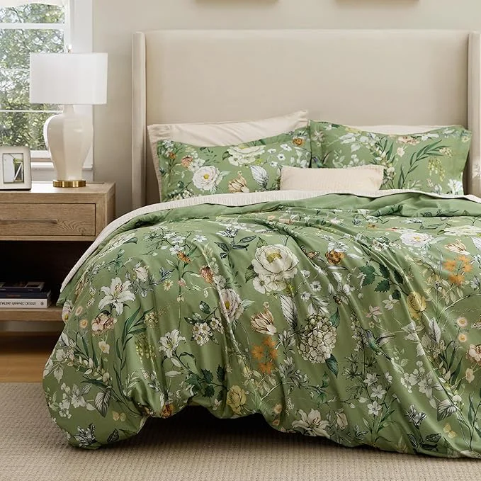 Bedsure Duvet Cover Queen Size – Reversible Green Floral amp Bird Duvet Cover Set with Zipper Closure 3 Pieces Mistletoe Bedding Set with 8 Corner Ties and 2 Pillow Shams 20 quot x26 quot Smooth