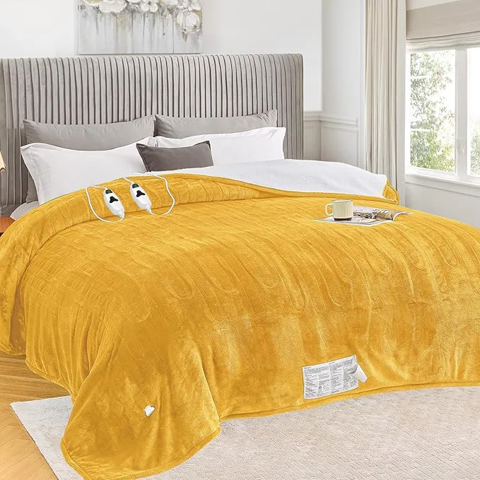 Crafted greenoak Heated Blanket Electric King Size 100 quot X90 quot Dual Control Heating Blankets with 10 Levels 8 Hours Auto-Off Soft Flannel Fluffy House Warming Gifts for Grandma Seniors Mom Ginger Yellow World-Class
