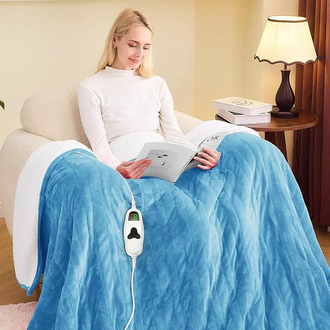 Genuine greenoak Heated Blanket Electric Twin 62 quot X84 quot Heating Blankets with 10 Levels 8 Hours Auto-Off Soft Flannel Sherpa Fluffy House Warming Gifts for Grandma Seniors Momt Pale Blue Contemporary
