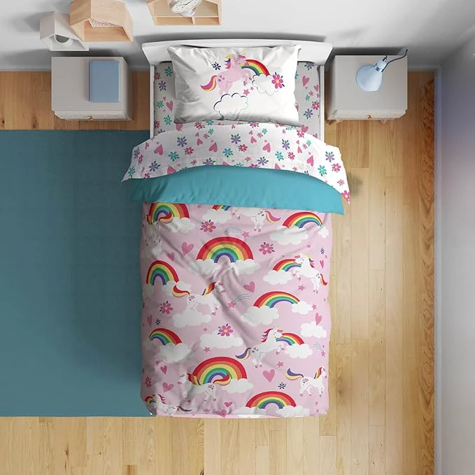 Proven Sunny Side Up Rainbow Unicorns Toddler Comforter Set – 4 Piece Preschool Bedding Includes Comforter Sheets amp Pillow Cover – Super Soft Pink Floral Microfiber Bed Set Innovative