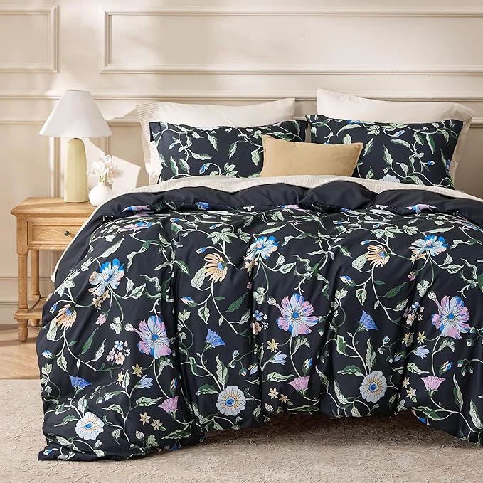 Classic Bedsure Duvet Cover Queen Size – Reversible Black Vine Flowers Duvet Cover Set with Zipper Closure 3 Pieces Black Bedding Set with 8 Corner Ties and 2 Pillow Shams 20 quot x26 quot Expertly Made