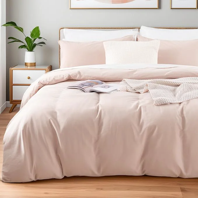 Responsible NEXHOME PRO Duvet Cover Set Queen Size Linen Look Textured Organic Natural Washed Cotton Duvet Cover Greyish Light Pink 3 Pieces Bedding Set with Zipper Closure Breathable No Comforter Refined