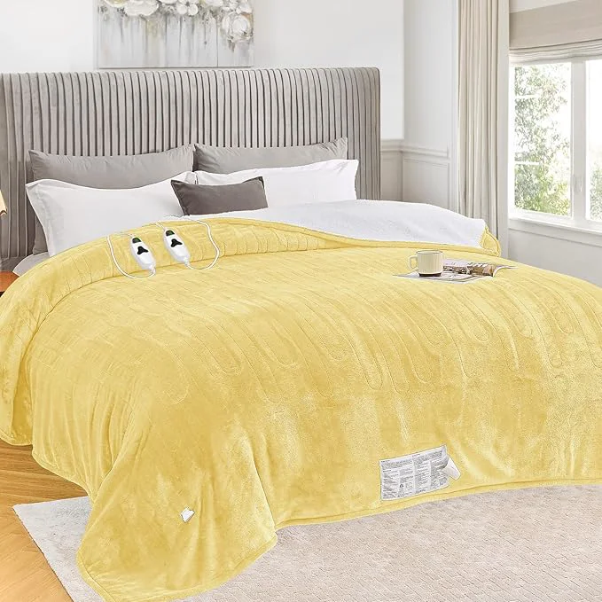Reusable greenoak Heated Blanket Electric King Size 100 quot X90 quot Dual Control Heating Blankets with 10 Levels 8 Hours Auto-Off Soft Flannel Fluffy House Warming Gifts for Grandma Seniors Mom Cream Yellow Enhanced