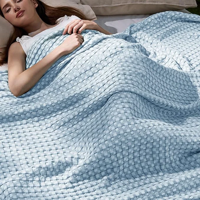 Top-Quality Bedsure Cooling Cotton Waffle Queen Size Blanket – Lightweight Breathable Blanket of Rayon Derived from Bamboo for Hot Sleepers Luxury Throws for Bed Couch and Sofa Light Blue 90×90 Inches Carefully Designed