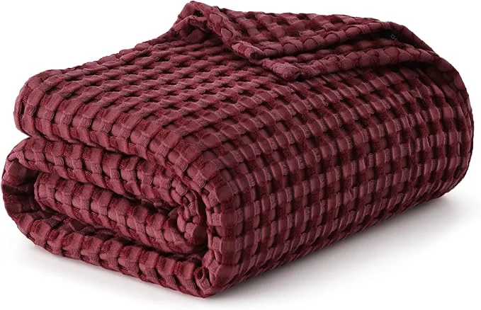 Genuine Bedsure Cooling Cotton Waffle Queen Size Blanket – Lightweight Breathable Blanket of Rayon Derived from Bamboo for Hot Sleepers Luxury Throws for Bed Couch and Sofa Dark Red 90×90 Inches Durable