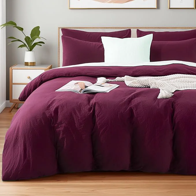 Verified NEXHOME PRO Washed Cotton Duvet Cover Queen Size Ogranic Natural Linen Feel Breathable Bedding Set with Zipper Closure 3 Pieces Duvet Cover Set Wine No Comfortert 9090 Crafted