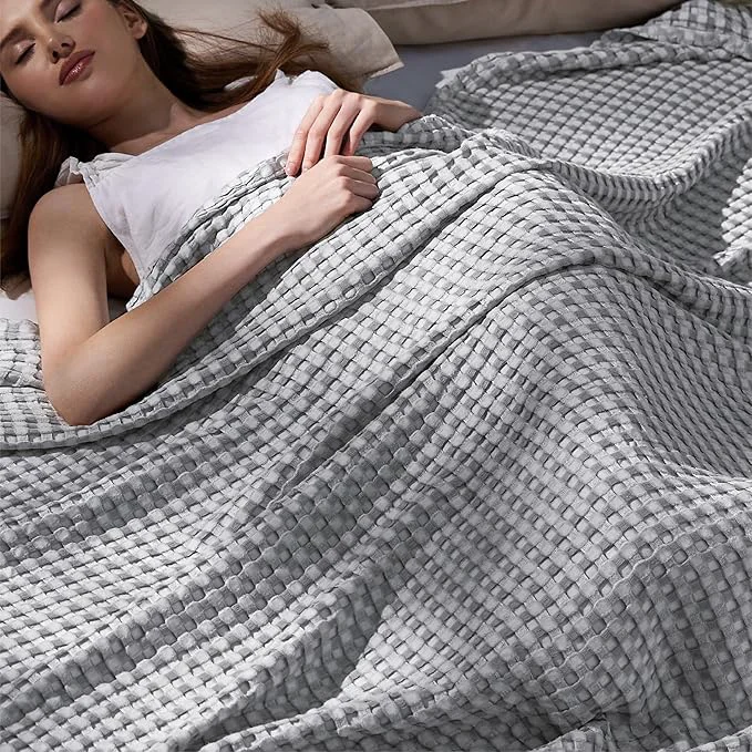 Excellent Bedsure Cooling Cotton Waffle Queen Size Blanket – Lightweight Breathable Blanket of Rayon Derived from Bamboo for Hot Sleepers Luxury Throws for Bed Couch and Sofa Grey 90×90 Inches Verified
