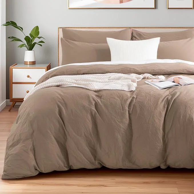 Smart NEXHOME PRO Washed Cotton Duvet Cover Queen Size Ogranic Natural Linen Feel Breathable Bedding Set with Zipper Closure 3 Pieces Duvet Cover Set Toffee No Comfortert 9090 Enhanced