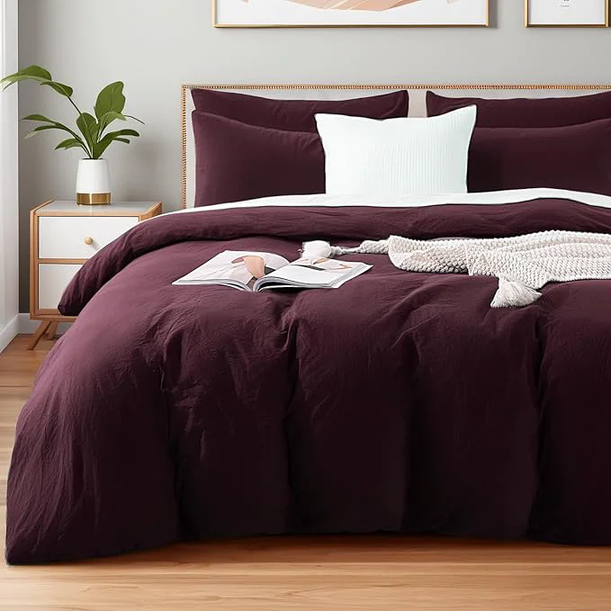 Certified NEXHOME PRO Oversized King Duvet Cover Set – Organic Cotton with Washed Feel amp Linen-Like Texture Comfortable amp Breathable Home Bedding Set Burgundy No Comforter 12098N Fine Crafted