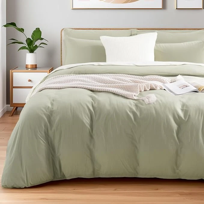 NEXHOME PRO Full Duvet Cover Set – Organic Cotton with Washed Feel amp Linen-Like Texture Comfortable amp Breathable Home Bedding Set Sage Green No Comforter Solid