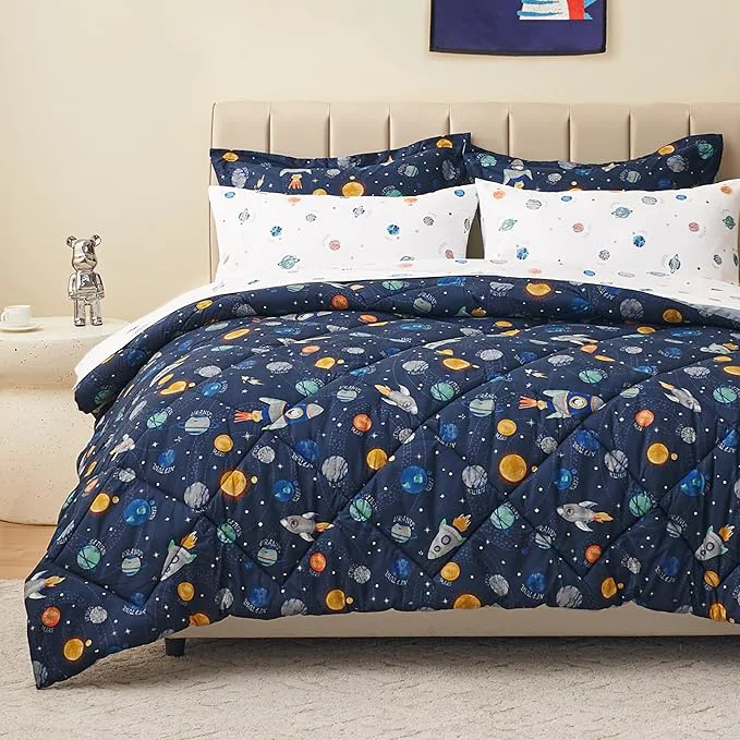 Advanced Queen Size Space Kids Bedding Set for Boys 7 Pieces Super Soft Lightweight Microfiber Comforter Set with Sheets Bed in a Bag Children Bed Set Convenient