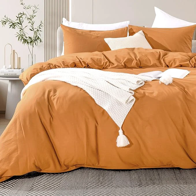 Lightweight NEXHOME PRO Duvet Cover Set Oversized Queen 98 quot x98 quot Linen Look Textured Organic Natural Washed Cotton Duvet Cover 3 Pieces Bedding Set Zipper Closure Breathable Halloween Orange No Comforter Soft