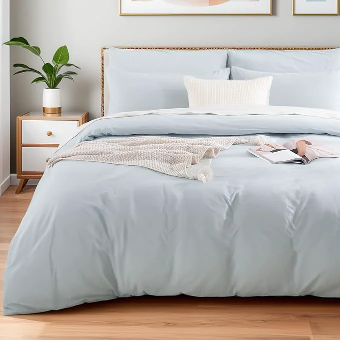 Durable NEXHOME PRO Duvet Cover Set Washed Cotton Full Size Linen Feel Textured Organic Natural 3 Pieces Bedding Set with Zipper Closure and Corner Ties Breathable Baby Blue No Comforter Professional