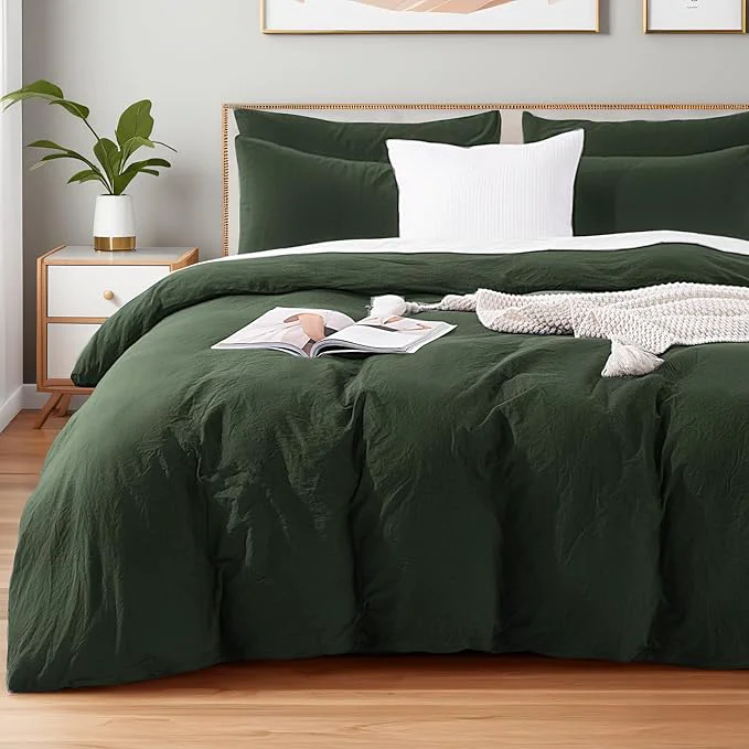 Exceptional NEXHOME PRO Twin Duvet Cover Set – Organic Cotton with Washed Feel amp Linen-Like Texture Comfortable amp Breathable Home Bedding Set Olive Green No Comforter Official