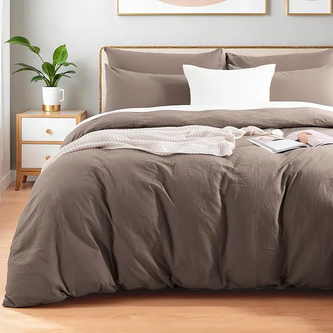 Powerful NEXHOME PRO Washed Cotton Duvet Cover Queen Size Ogranic Natural Linen Feel Breathable Bedding Set with Zipper Closure 3 Pieces Duvet Cover Set Chocolate No Comfortert 9090 Sustainable