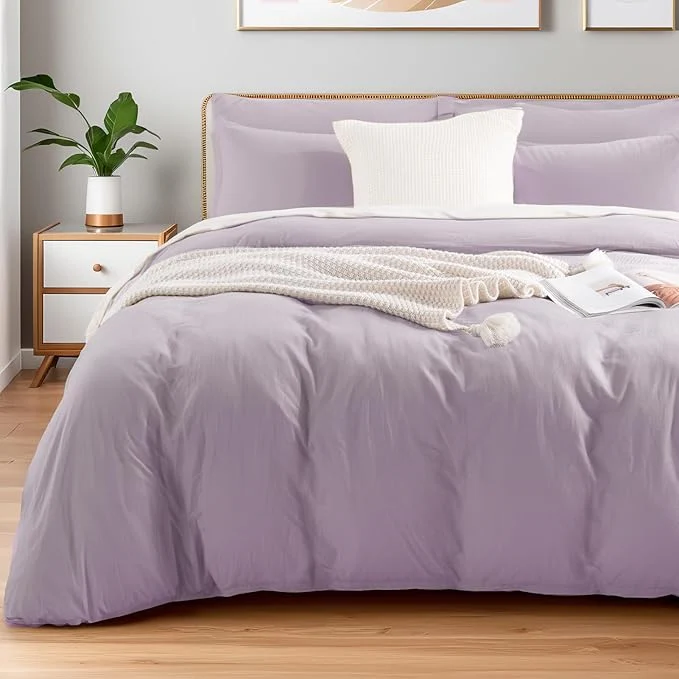 High-Quality NEXHOME PRO Duvet Cover Set Washed Cotton Super King 108 quot x98 quot Organic Natural Linen Look Textured 3 Pieces Bedding Set Lavender Lilac with Zipper Closure Breathable and Soft No Comforter Prestigious
