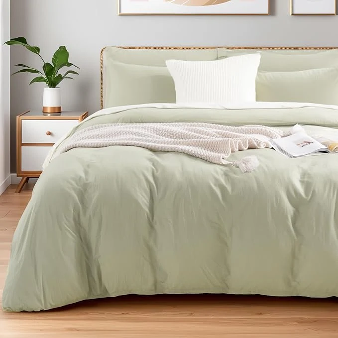 Advanced NEXHOME PRO Duvet Cover Set California King Linen Feel Textured Organic Natural Washed Cotton Duvet Cover 3 Pieces Bedding Set Zipper Closure Breathable Soft Mint Green No Comforter Innovative