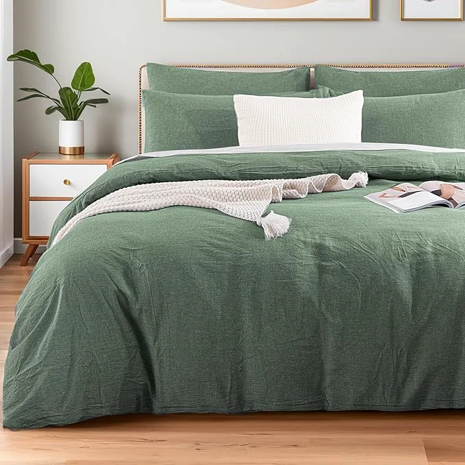 Soft NEXHOME PRO Duvet Cover Twin Washed Cotton Organic Natural Linen Like Textured Breathable Durable Home Bedding Set Heathered Green 6890 Recyclable